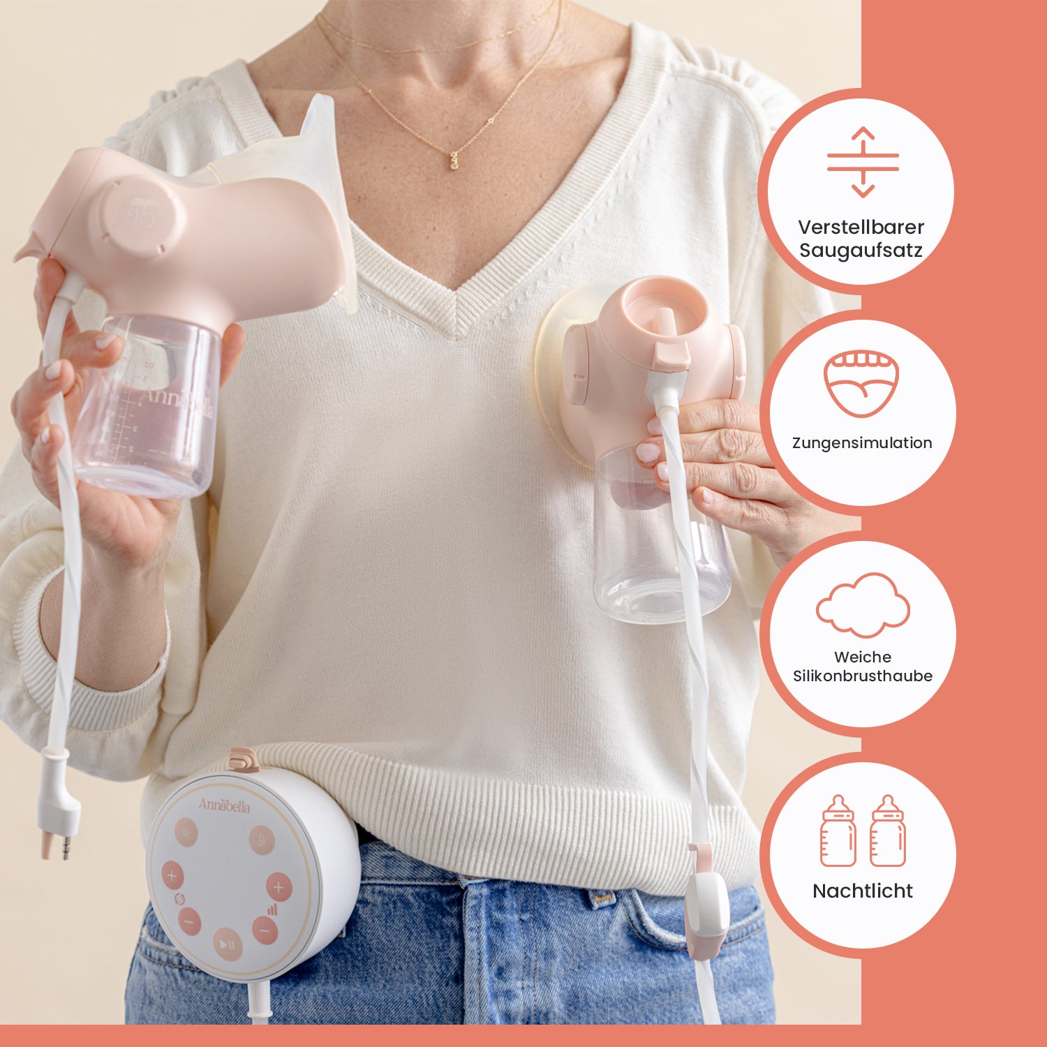Annabella Double Electric Breast Pump with revolutionary Tongue-Simulating Technology Portable including Hands free pumping Bra
